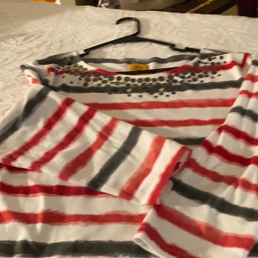 Ruby Rd White Knit Top w/Red and Blue stripes 2X